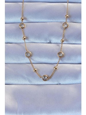 Ebijuteri 316L Çelik Altın Renk Zirkon Taşlı Top Zincirli Kolye