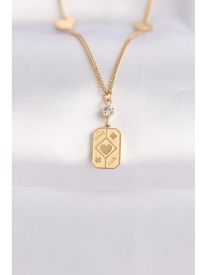 Ebijuteri 316L Çelik Zincir Altın Renk Kalp Detay Good Luck Yazılı Kolye