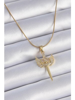 Ebijuteri 316L Çelik Zincir Gold Renk Zirkon Taşlı Mikail Model Kadın Kolye