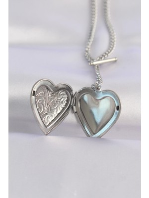 Ebijuteri 316L Çelik Zincir Gümüş Renk Içi Açılan Çiçek Desenli Kalp Kolye