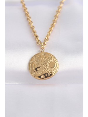 Ebijuteri 316L Çelik Zincir Altın Renk Oval Desenli Kolye