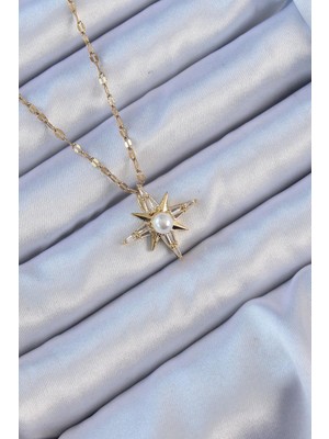 Ebijuteri 316L Çelik Zincir Altın Renk Baget Taşlı Inci Detay Kutup Yıldızı Kolye