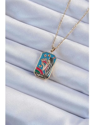 Ebijuteri 316L Çelik Zincir Altın Renk Taç ve Kız Figürlü Renkli Mineli Tarot Kolye