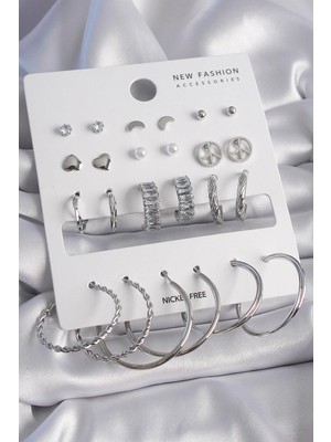 Ebijuteri Pirinç Gümüş Renk Zirkon Taşlı 12 Çift Kadın Küpe Seti