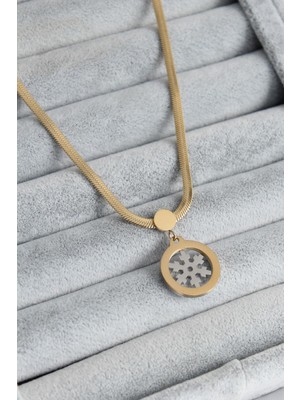 Ebijuteri 316L Çelik Gold Renk Italyan Zincir Model Gümüş Kar Tanesi Figür Kadın Kolye