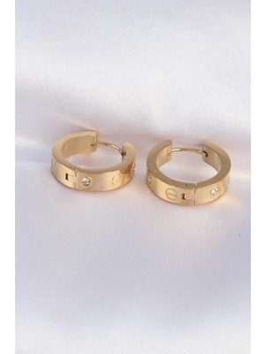 Ebijuteri 316L Çelik Gold Renk Zirkon Taşlı Model Halka Küpe