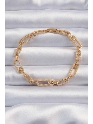 Ebijuteri Pirinç Vip Seri Gold Renk Zirkon Taşlı Messika Model Bileklik