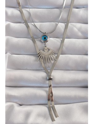 Ebijuteri 316L Çelik Gümüş Renk Zirkon Taşlı Göz Detay Nazarlı Uzun Asansör Model Kolye