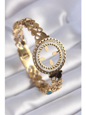 Ebijuteri 316L Çelik Gold Renk Çeyrek Altın Takılabilen Zirkon Taşlı Kalp Işleme Detay Kadın Bileklik