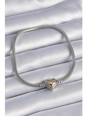 Ebijuteri 316L Çelik Zincir Gümüş Renk Gold Renk Kalp Figür Charm Model Kadın Bileklik