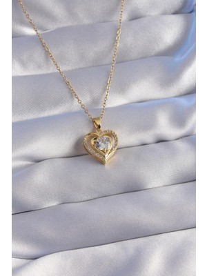 Ebijuteri 316L Çelik Zincir Gold Renk Zirkon Taşlı Kalp Kolye