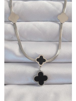 Ebijuteri 316L Çelik Gümüş Renk Italyan Zincirli Mineli Yonca Kolye