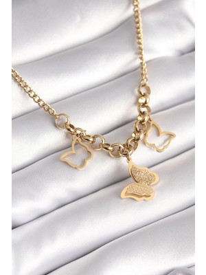 Ebijuteri 316L Çelik Gold Renk Simli Kelebek Model Kadın Kolye