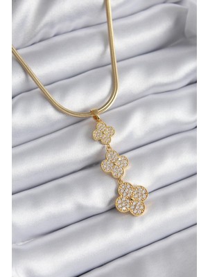 Ebijuteri 316L Çelik Gold Renk Italyan Zincir Zirkon Taşlı Yonca Model Kadın Kolye