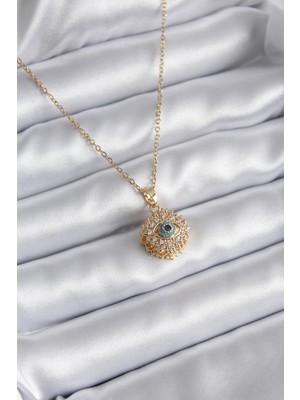 Ebijuteri 316L Çelik Gold Renk Zirkon Taşlı Göz Model Kadın Kolye