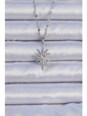 Ebijuteri 316L Çelik Zincir Gümüş Renk Zirkon Taşlı Kutup Yıldızı Kolye