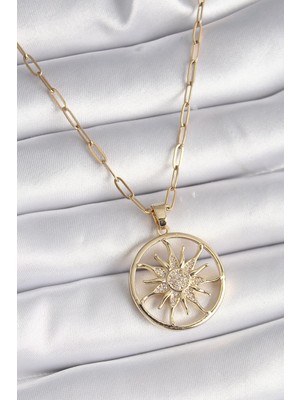 Ebijuteri 316L Çelik Gold Renk Zirkon Taşlı Güneş Madalyon Model Kadın Kolye