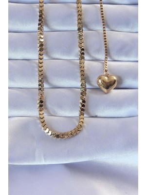 Ebijuteri 316L Çelik Altın Renk Küp Zincirli Kalpli Kolye