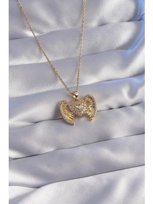 Ebijuteri 316L Çelik Zincir Gold Renk Zirkon Taşlı Melek Kanatlı Kalp Kolye