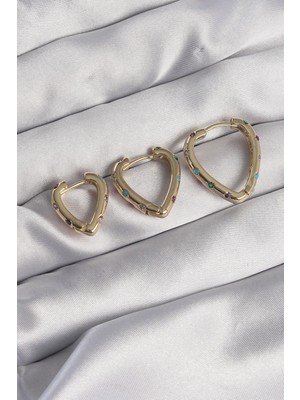 Ebijuteri Pirinç Gold Renk Renkli Zirkon Taşlı Kalp Model Küpe Seti