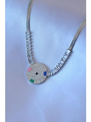 Ebijuteri 316L Çelik Gümüş Renk Zirkon Taşlı Italyan Zincir Burç Işeleme Madalyon Model Kadın Kolye