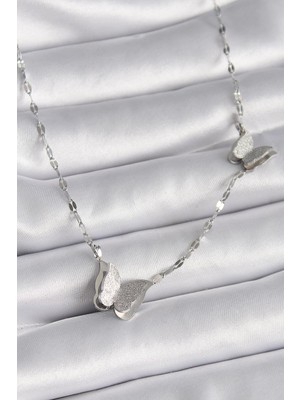 Ebijuteri 316L Çelik Gümüş Renk Simli Kelebek Model Kadın Kolye