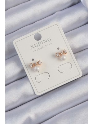 Ebijuteri Xuping Rose Renk Zirkon Taşlı Incili Fiyonk Küpe