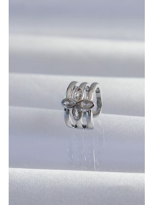Ebijuteri Pirinç Gümüş Renk Yonca Earcuff Küpe