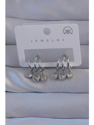 Ebijuteri Pirinç Gümüş Renk Zirkon Taşlı Kalp Model Çoklu Görünüm Yarım Halka Küpe