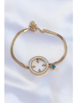 Ebijuteri 316L Çelik Italyan Zincir Gold Renk Zirkon Taşlı Nazar Boncuklu Çeyrek Takmalı Bileklik