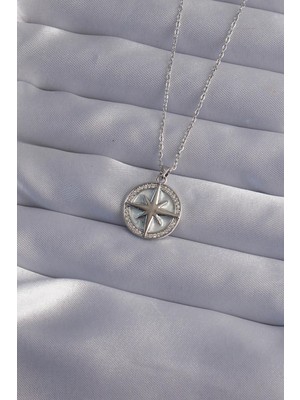 Ebijuteri 316L Çelik Zincir Gümüş Renk Zirkon Taşlı Kutup Yıldızı Kolye