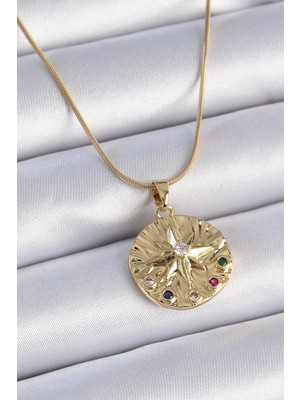 Ebijuteri 316L Çelik Zincir Gold Renk Renkli Zirkon Taşlı Yıldız Işlemeli Madalyon Model Kadın Kolye