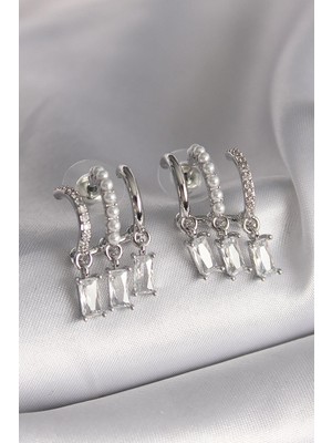 Ebijuteri Pirinç Gümüş Renk Inci Detay Sallantı Zirkon Taşlı Kadın Küpe