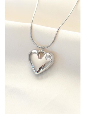 Ebijuteri 316L Çelik Gümüş Renk Tek Taşlı Kalp Kolye