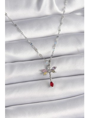 Ebijuteri 316L Çelik Gümüş Renk Zincir Renkli Zirkon Taşlı Yusufçuk Model Kadın Kolye