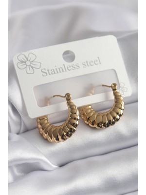 Ebijuteri 316L Çelik Gold Renk Işleme Detay Kadın Küpe