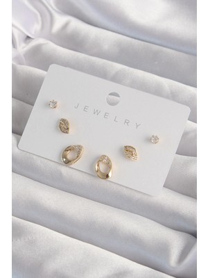 Ebijuteri Pirinç Gold Renk Zirkon Taşlı Yaprak Model Küpe Seti
