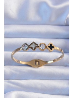 Ebijuteri 316L Çelik Altın Renk Zirkon Taşlı Mineli Yonca Kelepçe