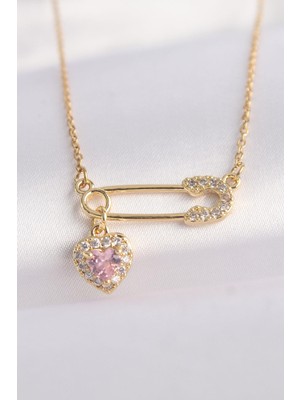 Ebijuteri 316L Çelik Zincir Altın Renk Zirkon Taşlı Kalp Detay Çengelli Iğne Tasarımlı Kolye