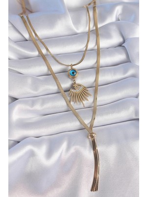 Ebijuteri 316L Çelik Gold Renk 2'li Zincir Italyan Zincir Göz Model Zirkon Taşlı Kadın Kolye