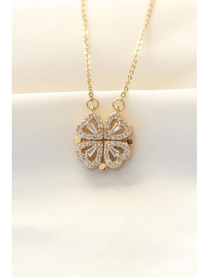 Ebijuteri 316L Zinciri Çelik Zirkon Taşlı Gold Renk Kalp Tasarımlı Yonca Kolye