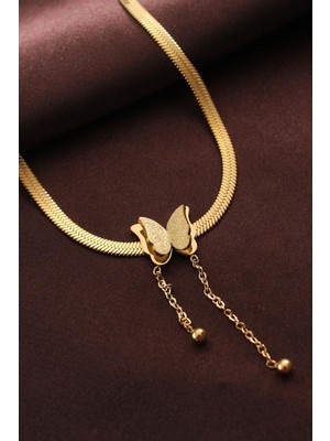 Ebijuteri Çelik Altın Renk Kelebek Italyan Zincir Kolye
