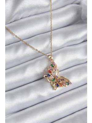 Ebijuteri 316L Çelik Gold Renk Zirkon Taşlı Kelebek Model Kadın Kolye