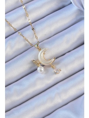 Ebijuteri 316L Çelik Zincir Altın Renk Zirkon Taşlı Kelebekli Mineli Ay Kolye