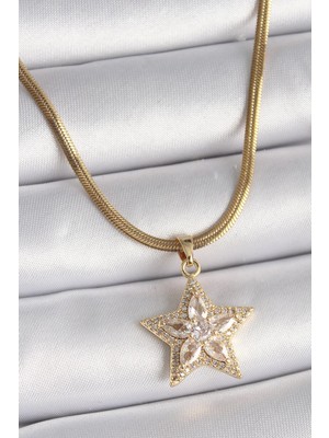 Ebijuteri 316L Çelik Gold Renk Italyan Zincir Zirkon Taşlı Yıldız Model Kadın Kolye