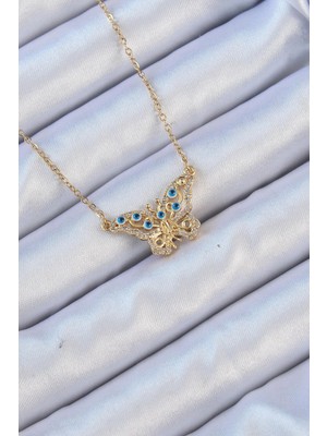 Ebijuteri 316L Çelik Zincir Altın Renk Zirkon Taşlı Nazarlı Kelebek Kolye