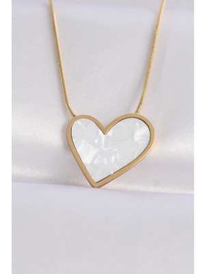 Ebijuteri 316L Çelik Zincir Altın Renk Mermer Desenli Kalp Kolye