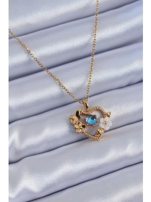 Ebijuteri 316L Çelik Gold Renk Çiçek Kalp Model Nazar Boncuk Detay Kadın Kolye