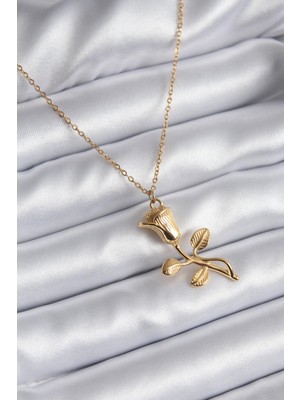 Ebijuteri 316L Çelik Gold Renk Gül Model Kadın Kolye