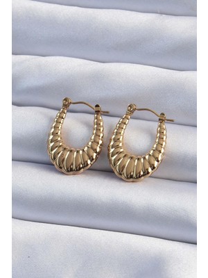 Ebijuteri 316L Çelik Gold Renk Bombeli Baklava Kesim Kadın Küpe